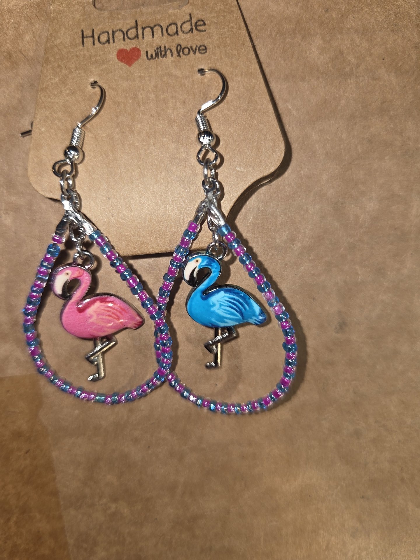 Flamingo asymmetrical beaded teardrop earrings