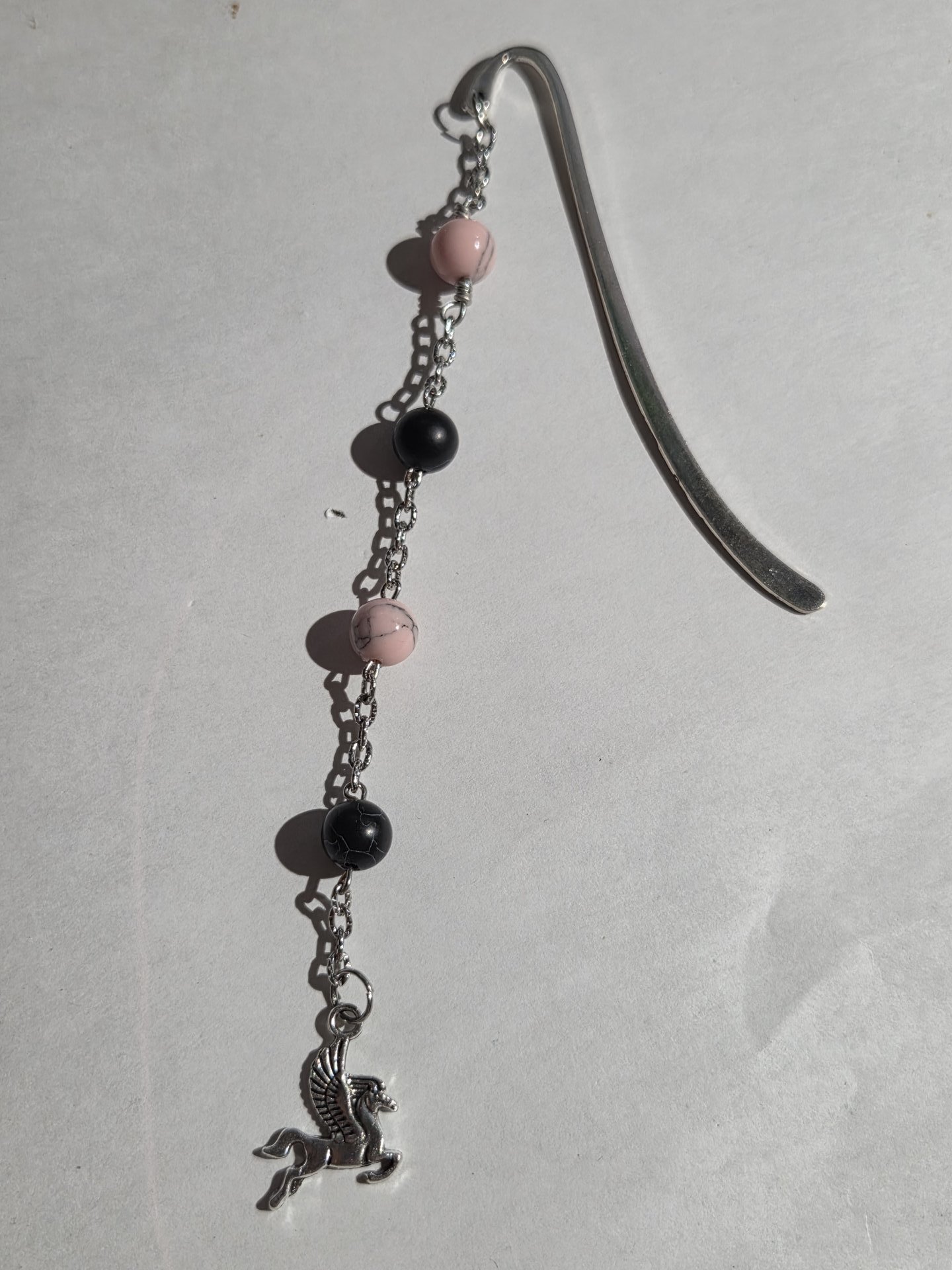 Pegasus Gemstone Bookmark – Pink Howlite & Black Turquoise Metal Book Dangle