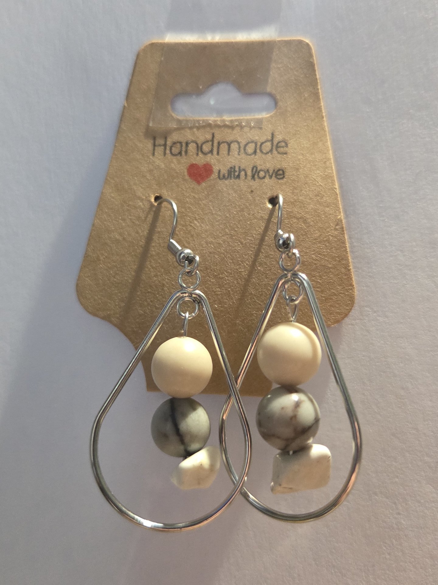 Earthy Teardrop Gemstone Earrings — Howlite & Grey Jasper