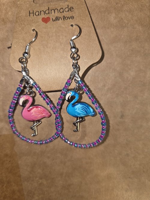 Flamingo asymmetrical beaded teardrop earrings