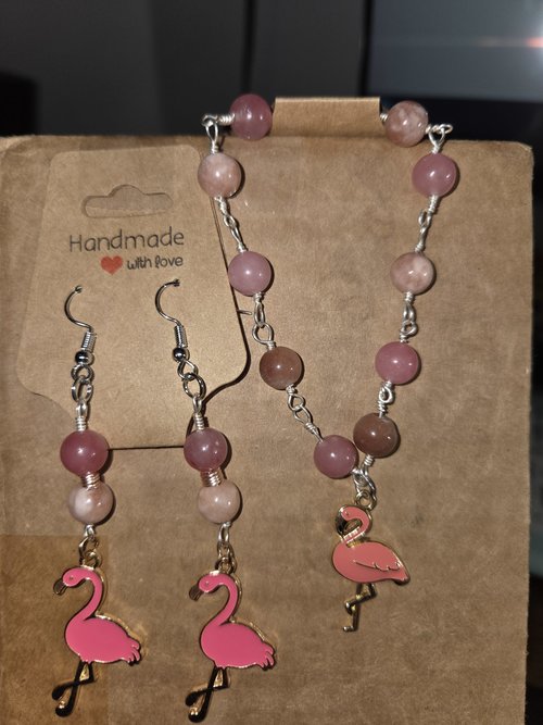 Flamingo and gemstone wire wrapped jewelry set