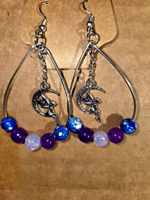 Silver fairy charm earrings with opalite and purple beads