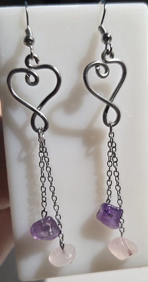 Amethyst & Rose Quartz Heart Cascade Earrings