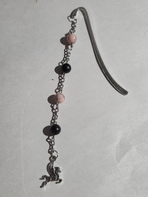 Pegasus Gemstone Bookmark – Pink Howlite & Black Turquoise Metal Book Dangle