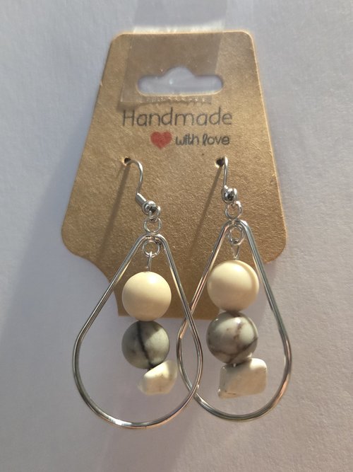 Earthy Teardrop Gemstone Earrings — Howlite & Grey Jasper