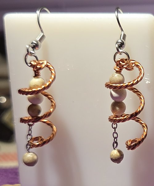 Handcrafted Wire Spiral Dangle Earrings - Twisted Copper & Earthy Jasper